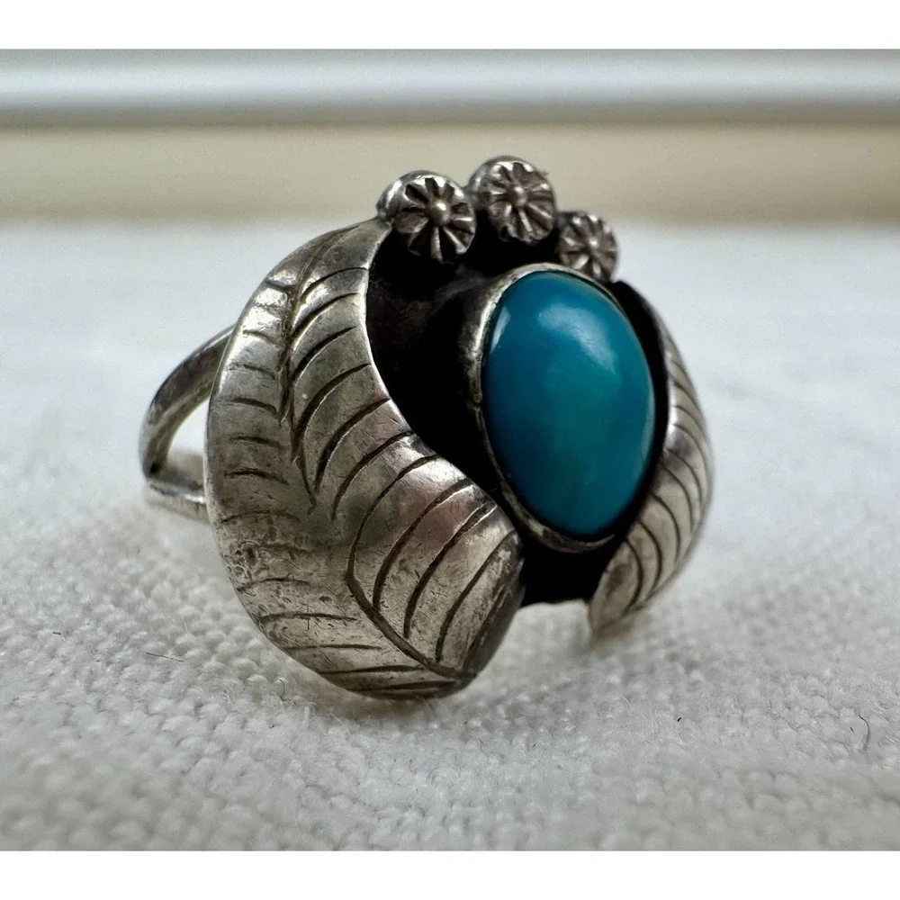 VTG Navajo Sterling Silver Turquoise Leaf Feather Ring Sz6 Old Pawn Southwestern